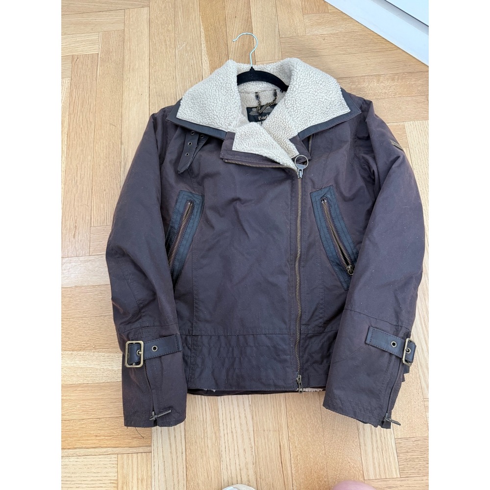 Barbour Ordanance Jacket Brown Waxed Cotton Faux Shearling Moto Size 4